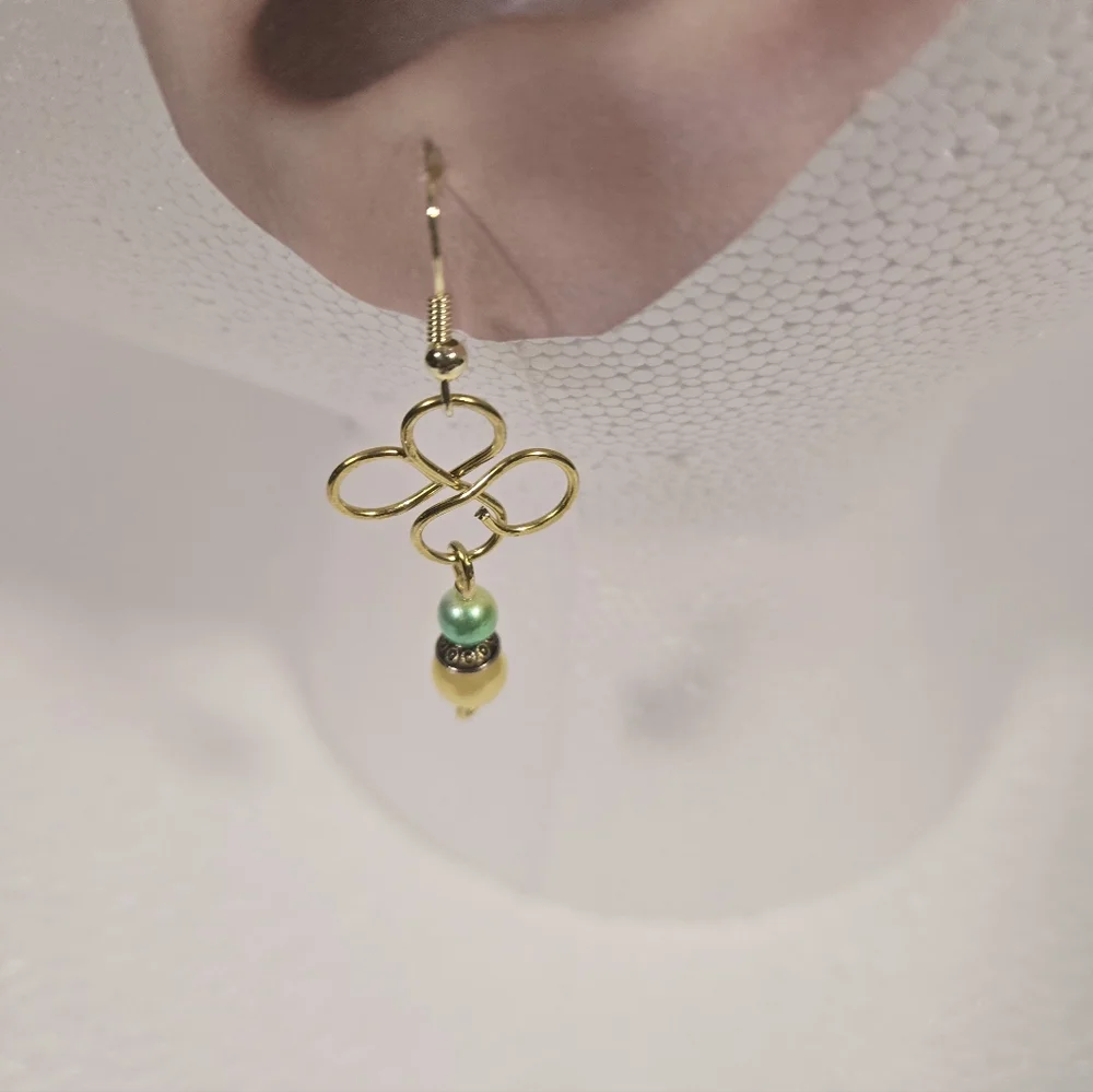 Hand Crafted Gold Clover Dangle Earrings with Pale Yellow and Mint/Yellow Beads - Picture 5 of 10